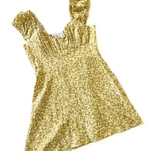 Zara Women’s Large Yellow Green Smocked Puff Sleeve Mini Dress - Picture 2 of 8